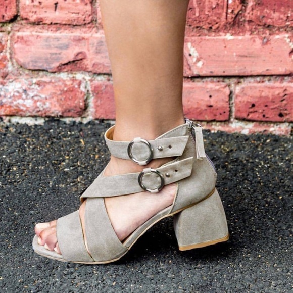 Taupe Chunky Block Heel Buckled Chic Sandals - Picture 2 of 3